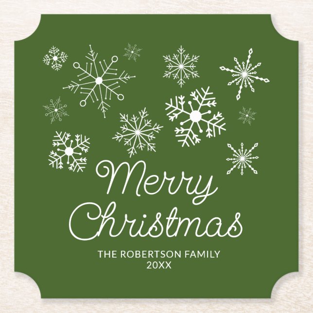Posavasos De Papel Fiesta de Navidades de copos de nieve blancos verd (Anverso)