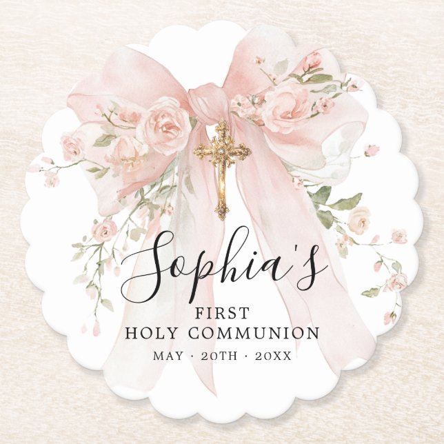 Posavasos De Papel First Communion Girl Pink Bow Roses Custom (Anverso)
