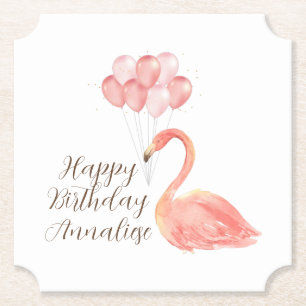 Posavasos De Papel Flamenco Rosa con Globos Personalizado Feliz Cumpl