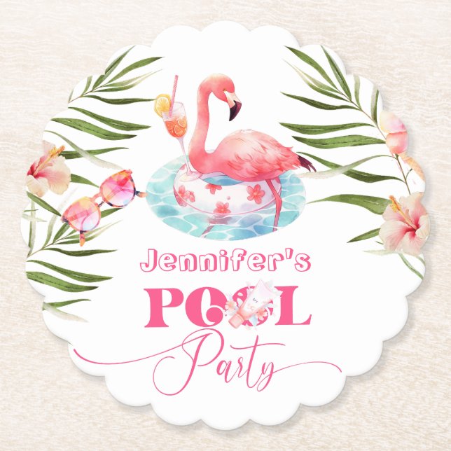 Posavasos De Papel Flamingo pool fiesta chica rosa cumpleaños (Anverso)
