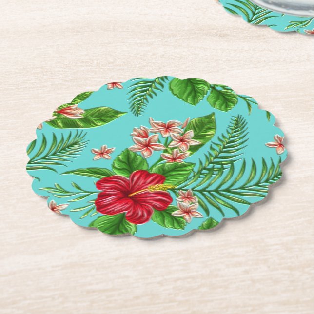 Posavasos De Papel Flor De Hibiscus Tropical Rosa Cuidadosa En Turque (En perspectiva)