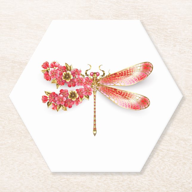 Posavasos De Papel Flor libélula con sakura de joyas (Anverso)