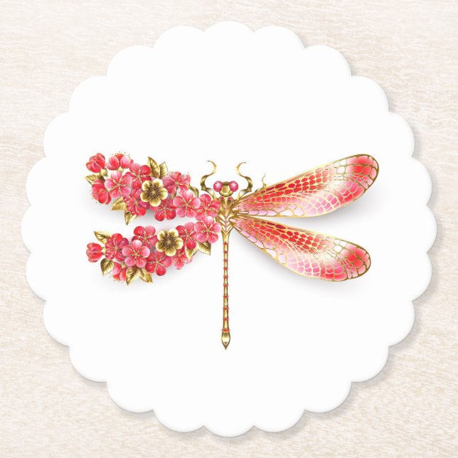 Posavasos De Papel Flor libélula con sakura de joyas (Anverso)