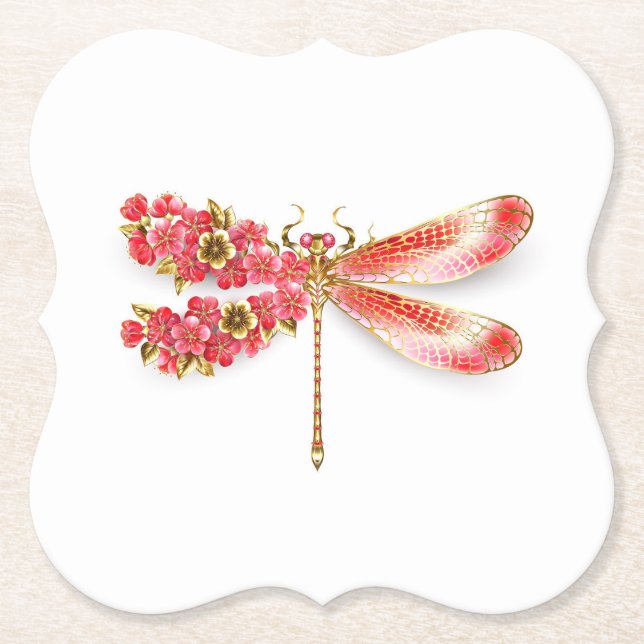 Posavasos De Papel Flor libélula con sakura de joyas (Anverso)