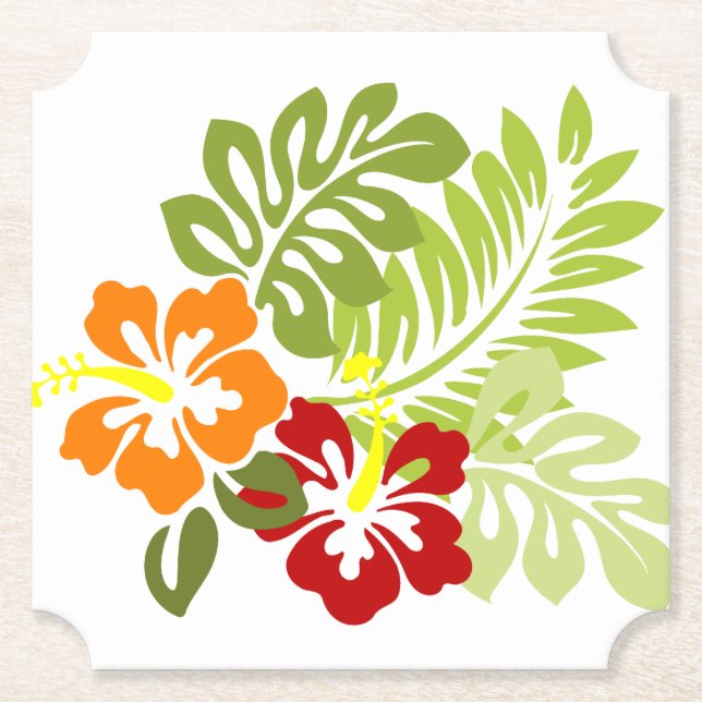 Posavasos De Papel Flor Tropical Deja Al Naranja Rojo Hibiscus Hawaii (Anverso)
