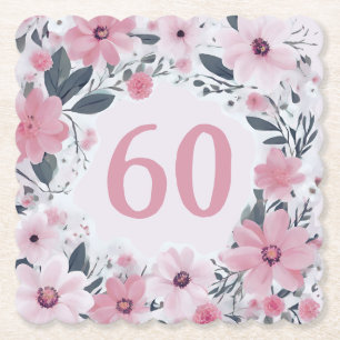 Posavasos De Papel Floral 60. Fiesta de cumpleaños Flores Pastel Rosa