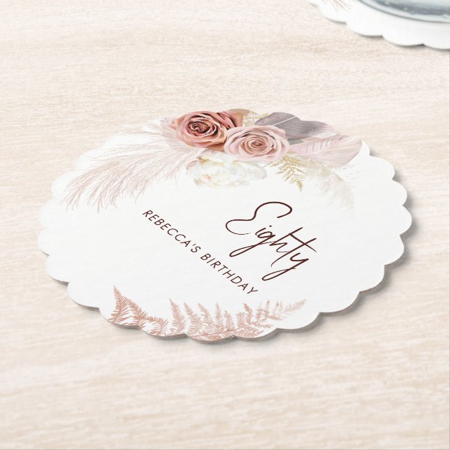 Posavasos De Papel Floral 80th Birthday Pampas Grass Fiesta (En perspectiva)