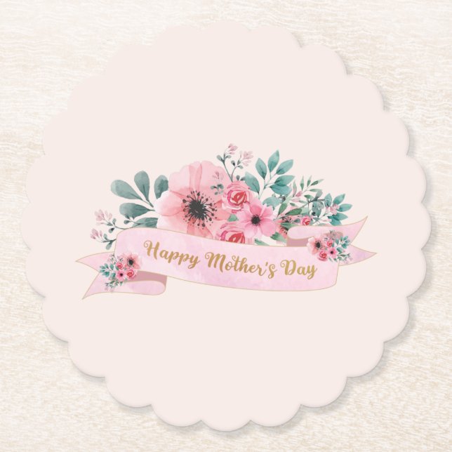 Posavasos De Papel Floral acuática rosa feliz día de la madre (Anverso)