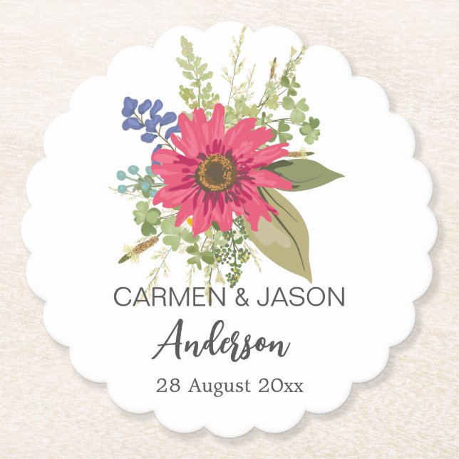 Posavasos De Papel  Floral Bouquet Wedding Custom Name (Anverso)