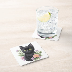 Posavasos De Papel Floral cúrcuma de gato negro
