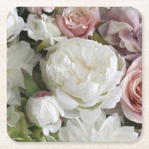 Posavasos de papel floral de peonía blanco y meloc