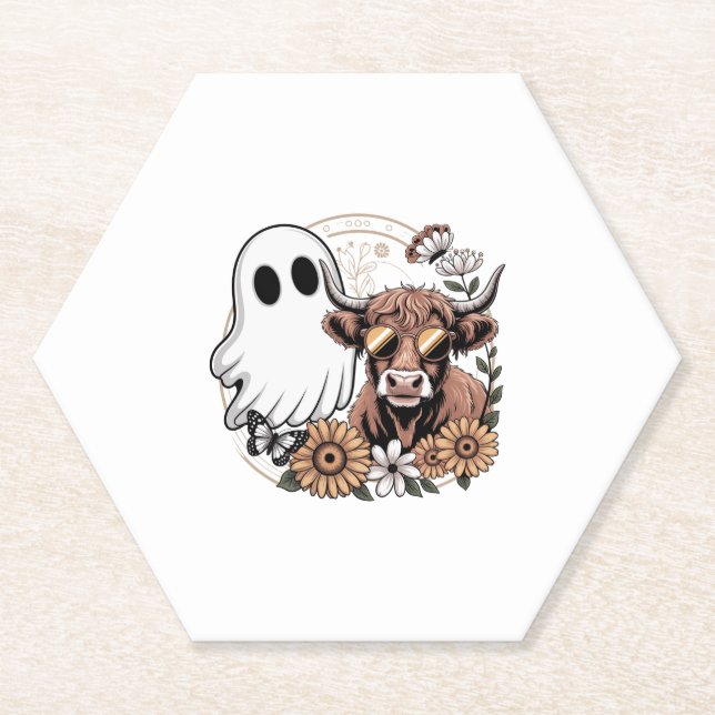 Posavasos De Papel Floral Fall Highland Cow Ghost (Anverso)