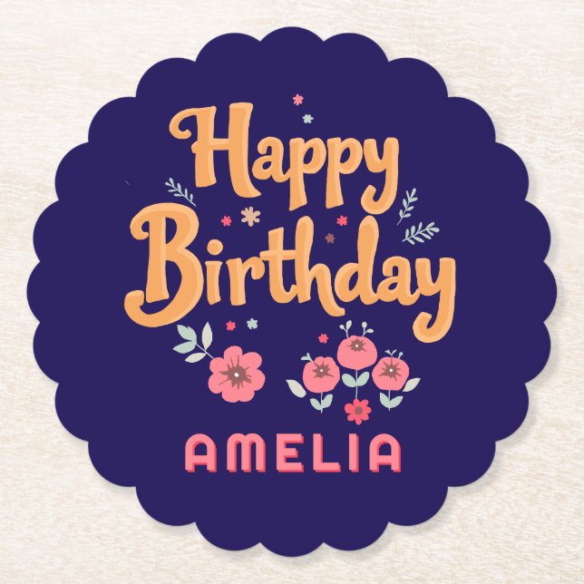 Posavasos De Papel Floral Flowers Happy Birthday Handlettering (Anverso)