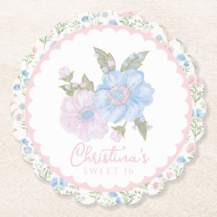 Posavasos De Papel Floral Grandmillennial Azul y Rosa Cumpleaños 16