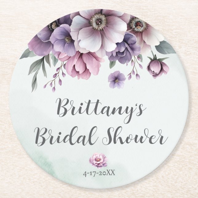 Posavasos de papel floral lavanda y verde para fie (Anverso)