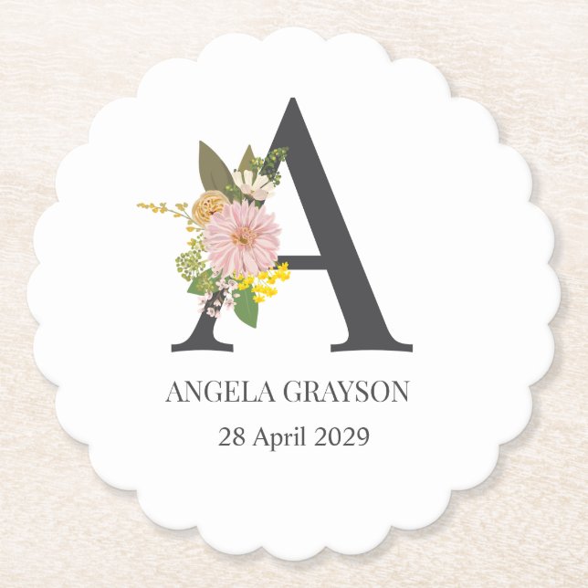 Posavasos De Papel Floral Monogram Letter A Custom Name and Date  (Anverso)