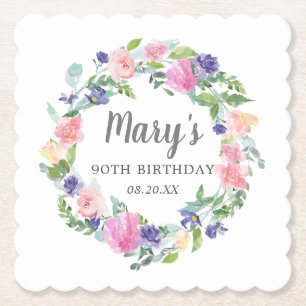 Posavasos De Papel Floral púrpura rosa azul 90 cumpleaños