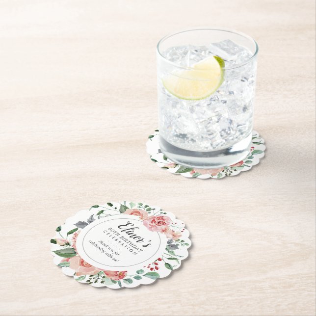 Posavasos De Papel Floral rosa 80 cumpleaños gracias (In situ)