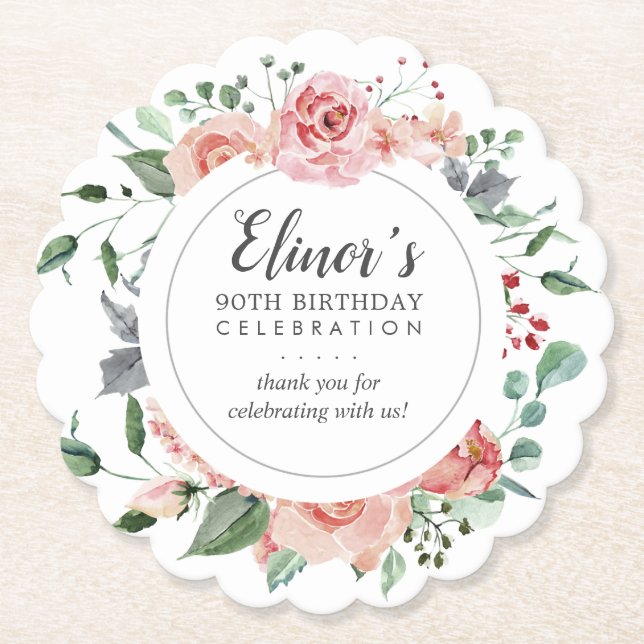 Posavasos De Papel Floral rosa 90 cumpleaños gracias (Anverso)