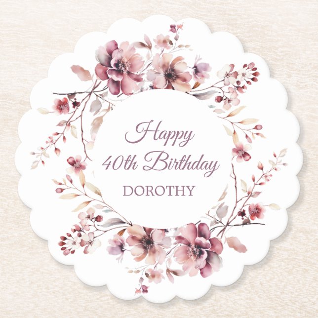 Posavasos De Papel Floral rosa borgoñona personalizada 40 cumpleaños (Anverso)