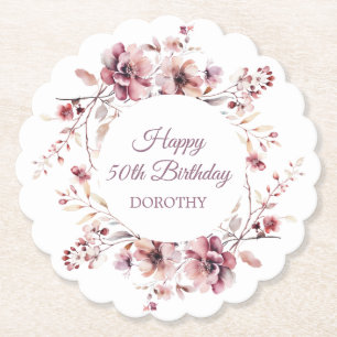 Posavasos De Papel Floral rosa borgoñona personalizada 50 cumpleaños