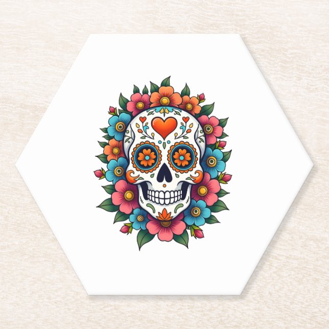 Posavasos De Papel Floral Sugar Skull Dia De Muertos Day of The Dead  (Anverso)