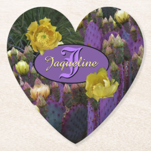 Posavasos De Papel Flores amarillas de cactus púrpura monograma perso