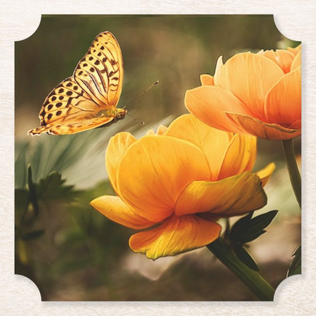 Posavasos De Papel Flores amarillas profundas brillantes con mariposa (Anverso)