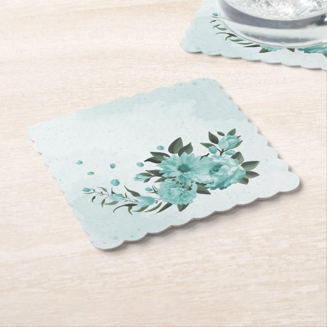 Posavasos De Papel flores azules y hojas verdes románticas (En perspectiva)