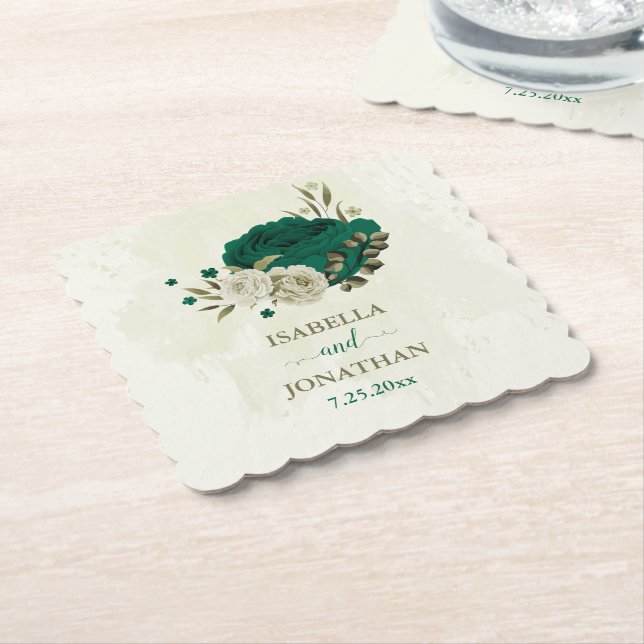 Posavasos De Papel flores beige verde esmeralda boda (En perspectiva)