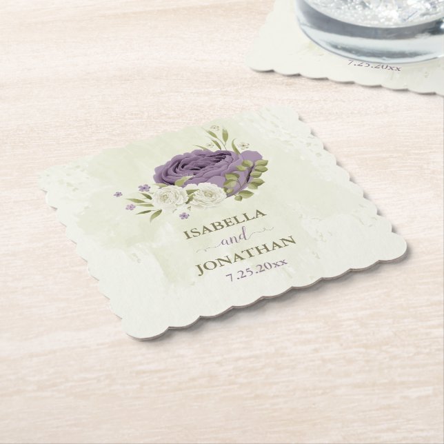 Posavasos De Papel flores blancas malva vegetación boda (En perspectiva)