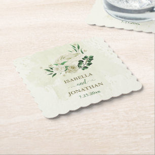 Posavasos De Papel Flores blancas marfil vegetación boda
