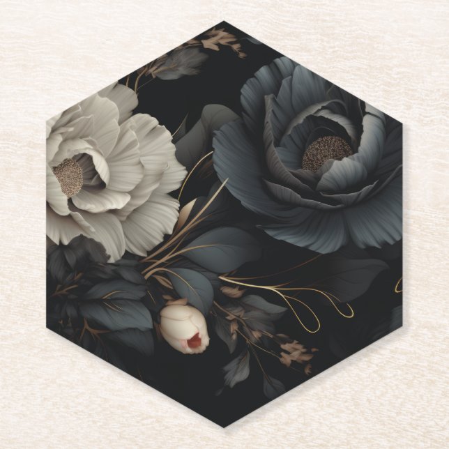 Posavasos De Papel Flores de blanco y negro (Anverso)