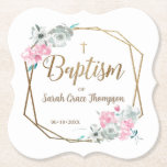 Posavasos De Papel Flores de Boho Niña nombre bautizo cruzado de oro<br><div class="desc">Esta moderna y elegante montaña de recuerdos de bautismo de bebé es fácil de personalizar. Use esto para regalos,  regalos,  para los invitados de su hijo. Con mis pinturas en acuarela de flores boho y el "bautismo" dorado impreso,  cruz y un marco geométrico.</div>