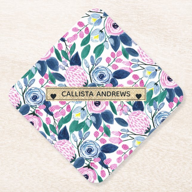 Posavasos De Papel Flores de la marina rosa dulce acuarela Monograma  (Anverso)