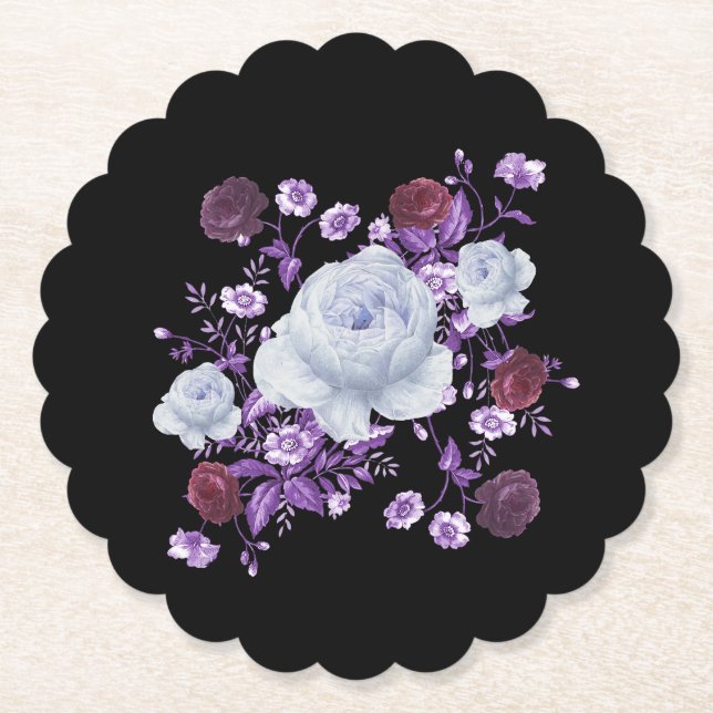 POSAVASOS DE PAPEL FLORES DE LILA, FONDO NEGRO (Anverso)