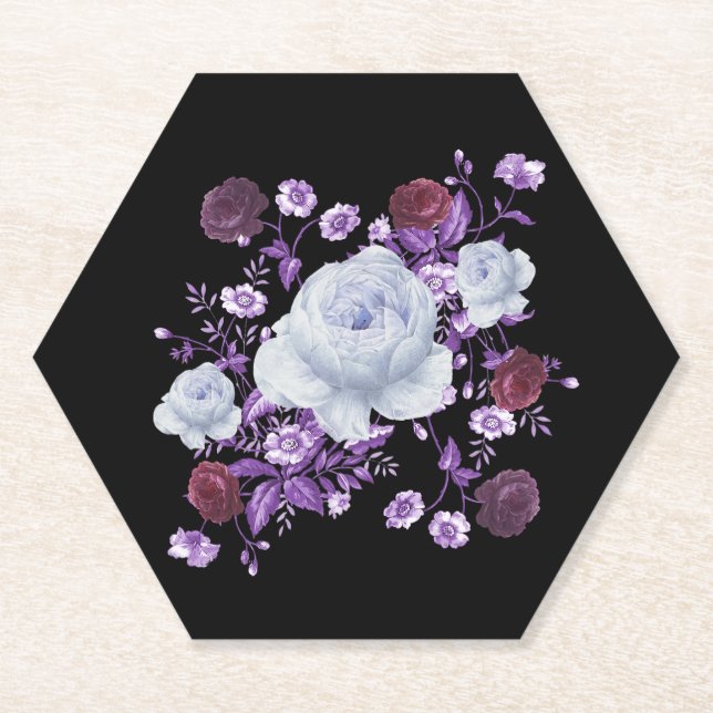 POSAVASOS DE PAPEL FLORES DE LILA, FONDO NEGRO (Anverso)