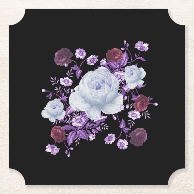POSAVASOS DE PAPEL FLORES DE LILA, FONDO NEGRO (Anverso)
