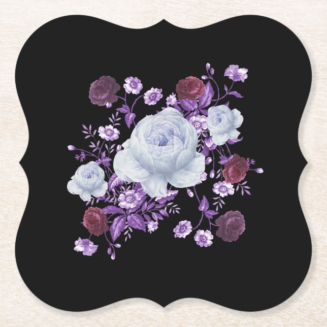 POSAVASOS DE PAPEL FLORES DE LILA, FONDO NEGRO (Anverso)