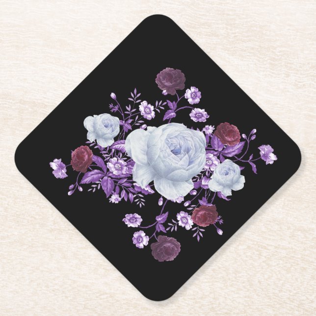 POSAVASOS DE PAPEL FLORES DE LILA, FONDO NEGRO (Anverso)