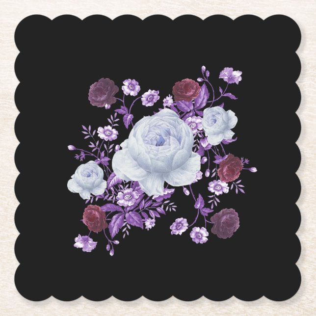 POSAVASOS DE PAPEL FLORES DE LILA, FONDO NEGRO (Anverso)