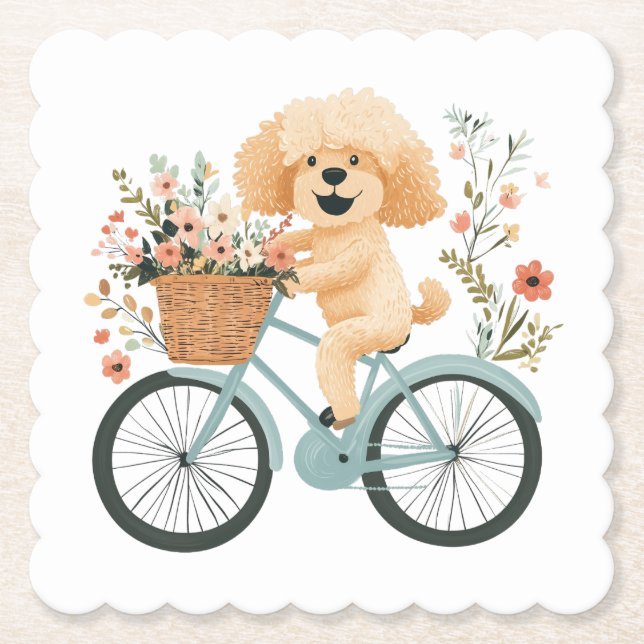 Posavasos De Papel Flores de primavera en bicicleta de perro de Cute  (Anverso)