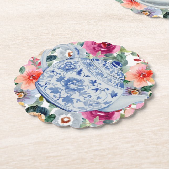 Posavasos De Papel Flores de Tetera Azul (En perspectiva)