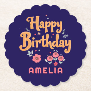 Posavasos De Papel Flores Florales Feliz Cumpleaños Letra a Mano