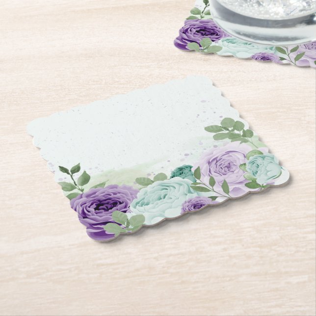 Posavasos De Papel flores moradas azules follaje botánico (En perspectiva)