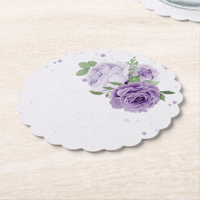 Posavasos De Papel flores moradas románticas hojas verdes botánicas (En perspectiva)