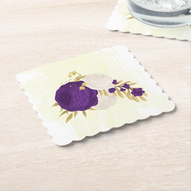 Posavasos De Papel flores reales de color púrpura y blanco con dorado (En perspectiva)