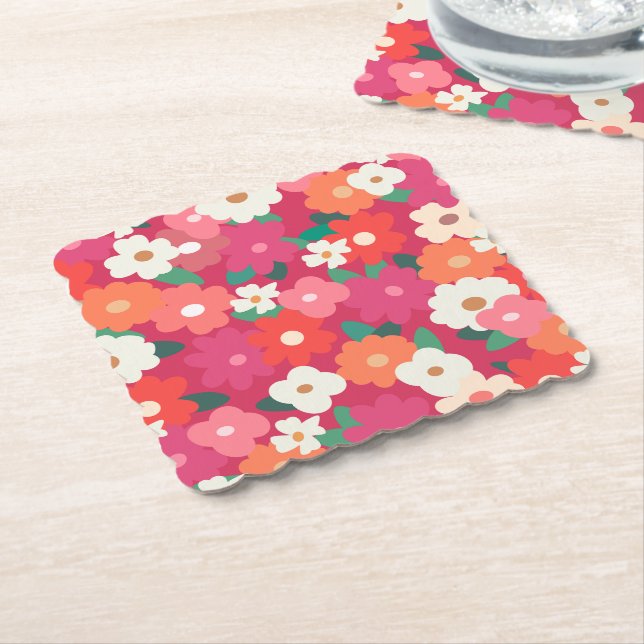 Posavasos De Papel Flores retro alegres (En perspectiva)