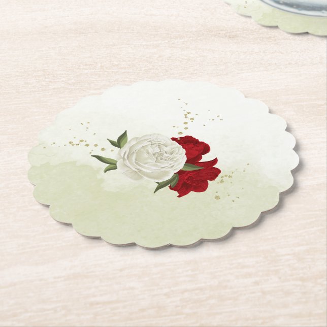 Posavasos De Papel flores rojas hojas verdes boda (En perspectiva)