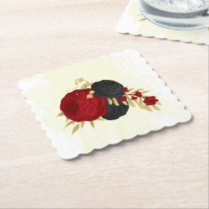 Posavasos De Papel flores rojas oscuras y negras doradas